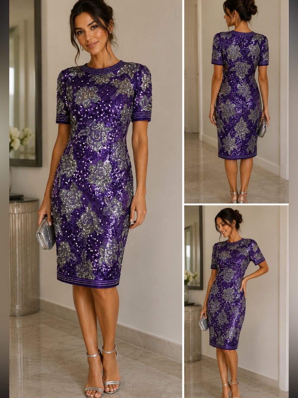 Vantage Joan Leslie slik sequins beaded evening dress size medium purple sliver
